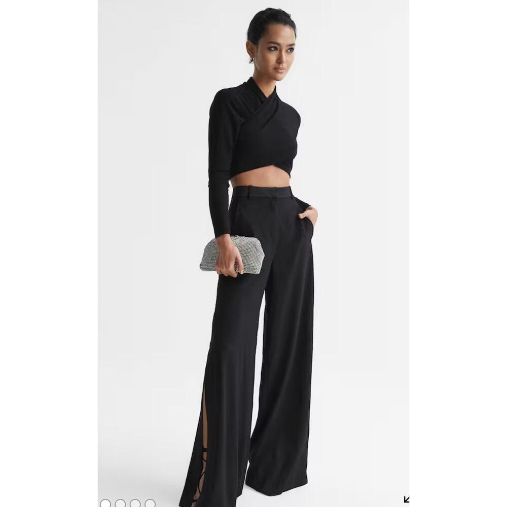 Reiss Elena black cross front long sleeve crop halter neck top S